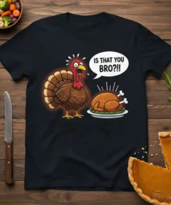 Funny Thanksgiving T-Shirt with a cartoon turkey asking "Is That You Bro?!!" to a roasted turkey