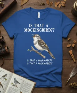 Mockingbird t-shirt with "IS THAT A MOCKINGBIRD??" quote and illustration of a mockingbird
