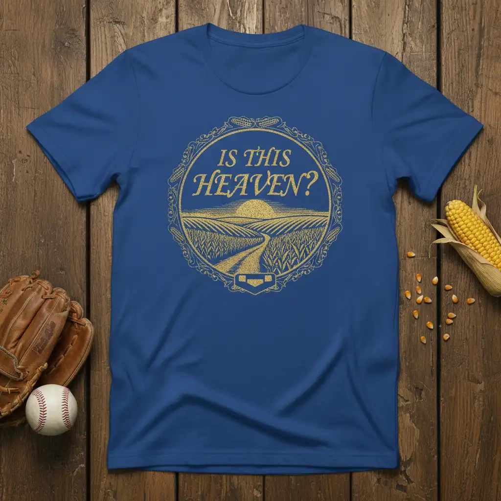 Is This Heaven? quote on a blue t-shirt with a golden farm landscape and sunset graphic