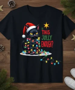 Black cat wearing Santa hat tangled in colorful Christmas lights with text "is THIS JOLLY ENOUGH?"