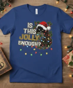 Is This Jolly Enough? Christmas cat t-shirt design with black cat, Santa hat, and tangled string lights