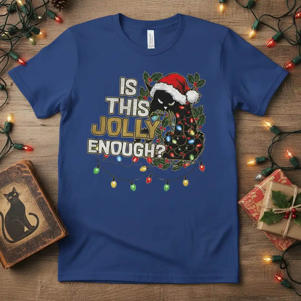 Is This Jolly Enough? funny Christmas cat quote with tangled string lights and Santa hat graphic