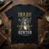Isaac Newton t-shirt design featuring a portrait of the scientist with gears and celestial elements