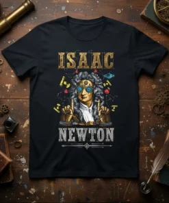Isaac Newton t-shirt design featuring a portrait of the scientist with gears and celestial elements