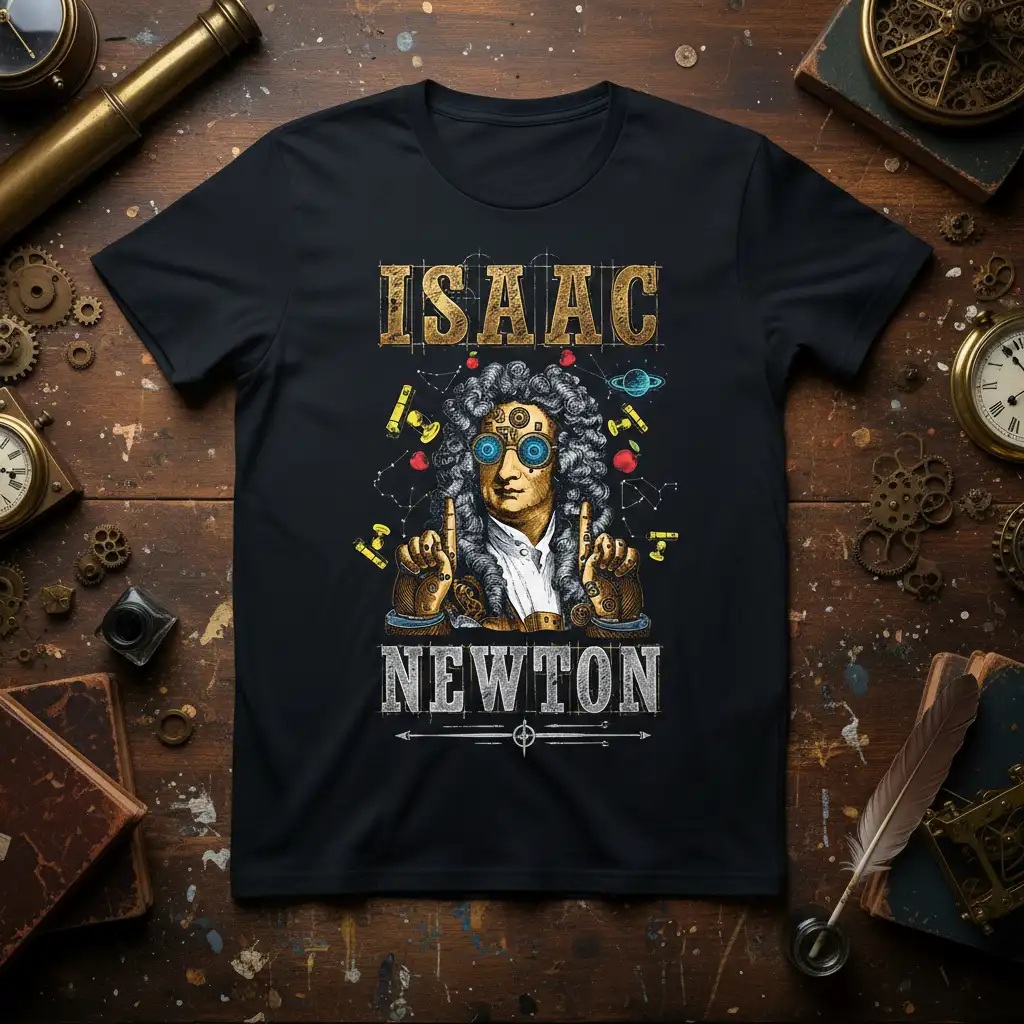 Isaac Newton portrait t-shirt design with steampunk elements and scientific icons