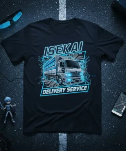 Isekai Delivery Service text with a detailed anime-style truck illustration on a black t-shirt