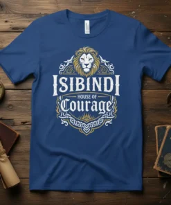 Isibindi House of Courage t-shirt design with a lion emblem and decorative border