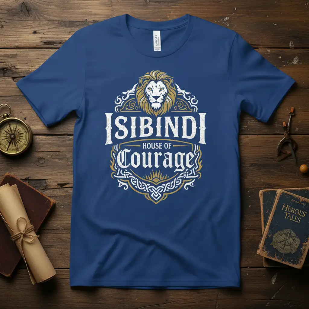 Isibindi House of Courage text and lion emblem design on a blue t-shirt