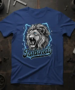 Isibindi text with a roaring lion and blue lightning on a navy blue t-shirt