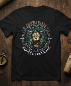 Isibindi Strength Lies Within House Of Courage t-shirt design with a geometric lion head and circular text "Team Born to