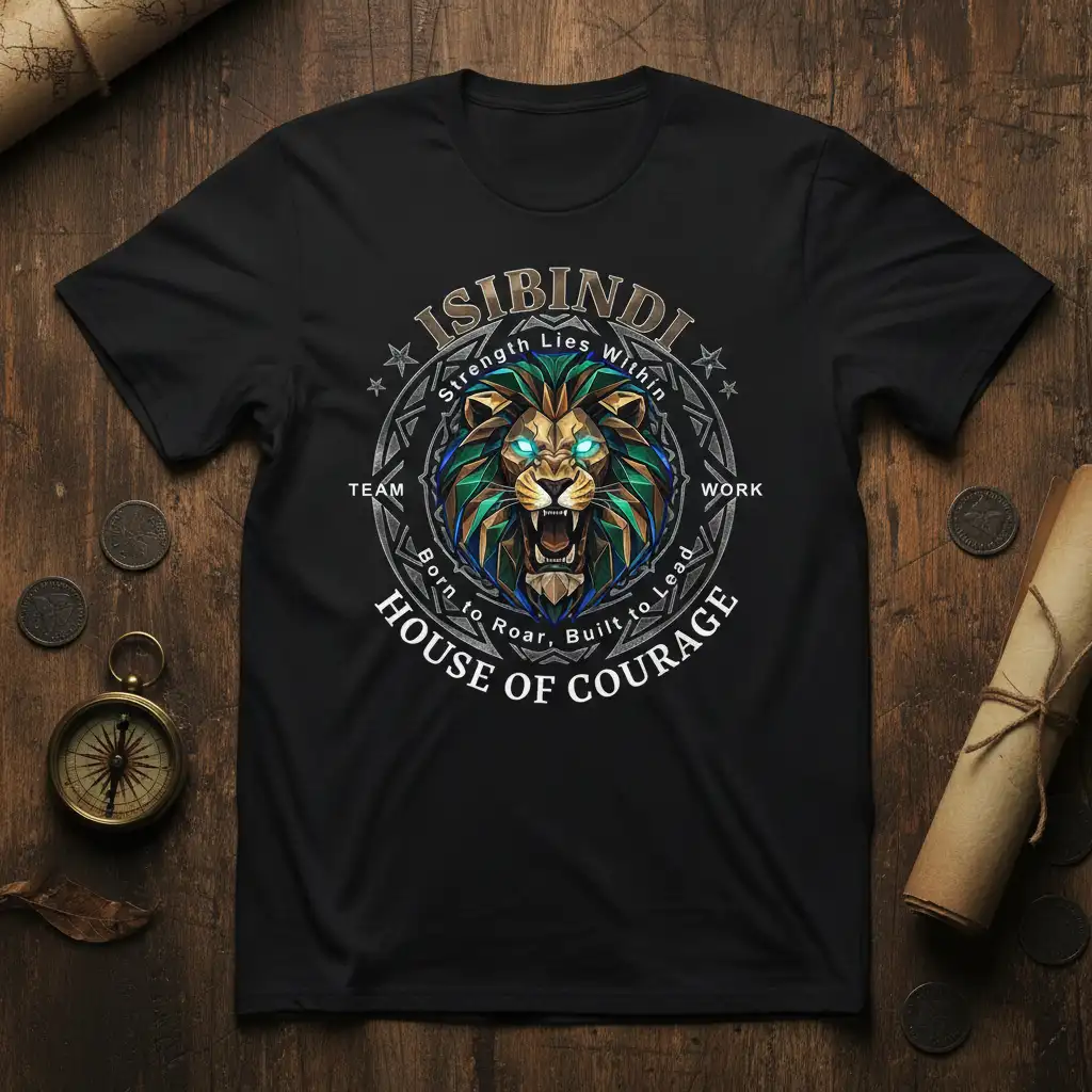 Isibindi Strength Lies Within House Of Courage t-shirt with a fierce geometric lion and motivational text emphasizing leadership and resilience