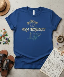 Isla Mujeres text with palm trees, lighthouse, and fish graphic on a blue t-shirt