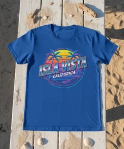 Isla Vista California text with retro sunset and palm trees graphic on a blue t-shirt