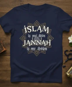 Navy t-shirt with "Islam is my deen Jannah is my dream" text in decorative gold and white font, featuring Islamic
