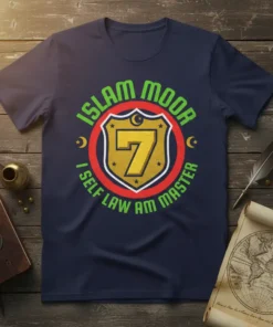 T-shirt with "Islam Moor 7 I Self Law Am Master" text and a shield emblem featuring the number 7 and