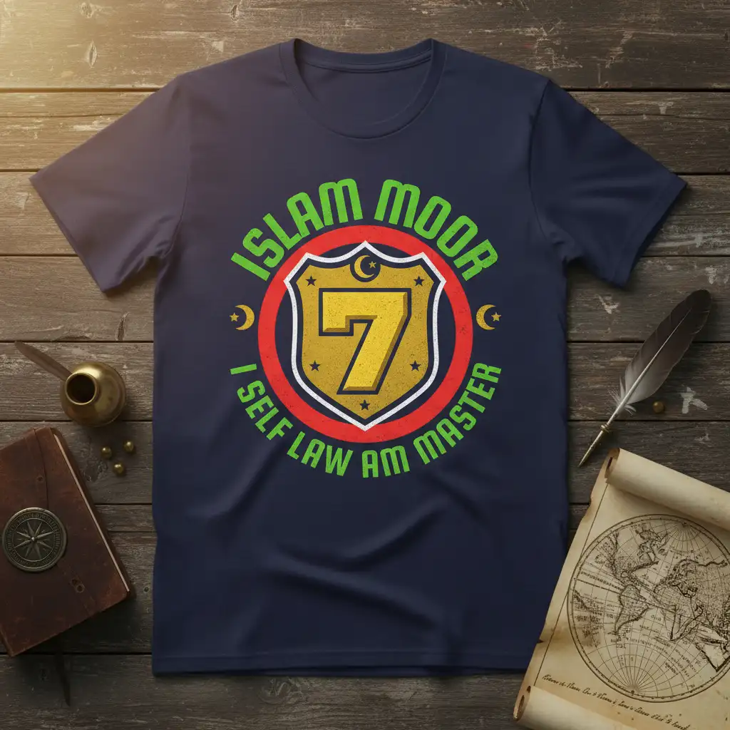 Islam Moor 7 I Self Law Am Master text with shield emblem, stars, and Islamic symbols on a navy t-shirt