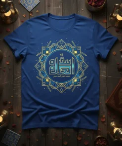 Blue t-shirt with circular Arabic calligraphy design in gold and blue, featuring "إستلام العوام محمد صيم السنت عدم" quote