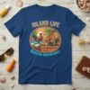 Island Life Rooster Adventures t-shirt design featuring roosters on a beach and at a bar, with tropical scenery and text