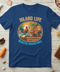 Island Life Rooster Adventures t-shirt design featuring roosters on a beach and at a bar, with tropical scenery and text