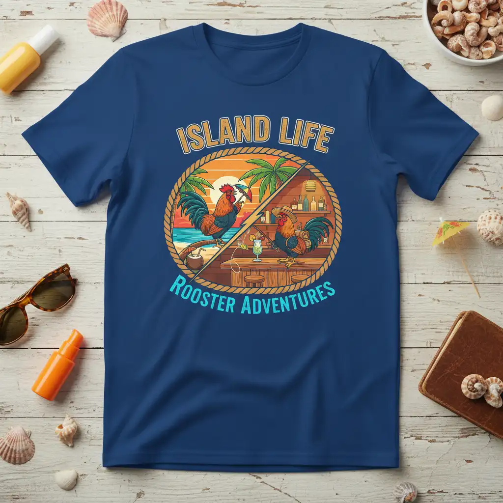 Island Life Rooster Adventures t-shirt graphic showing roosters enjoying a tropical beach and a bar scene