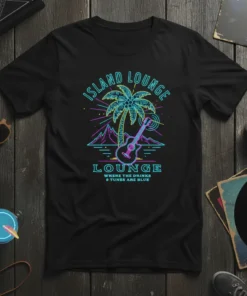 Island Lounge neon sign style graphic t-shirt with palm tree, guitar, and mountains, text reads "ISLAND LOUNGE WHERE THE DRINKS