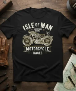 Vintage Isle of Man Mountain Course Motorcycle Races t-shirt featuring a classic motorcycle graphic and distressed text