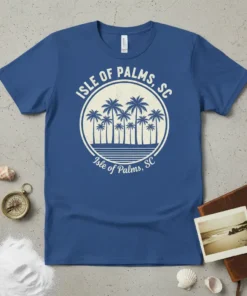Isle of Palms SC t-shirt design with palm trees in a circle and text, vintage coastal style