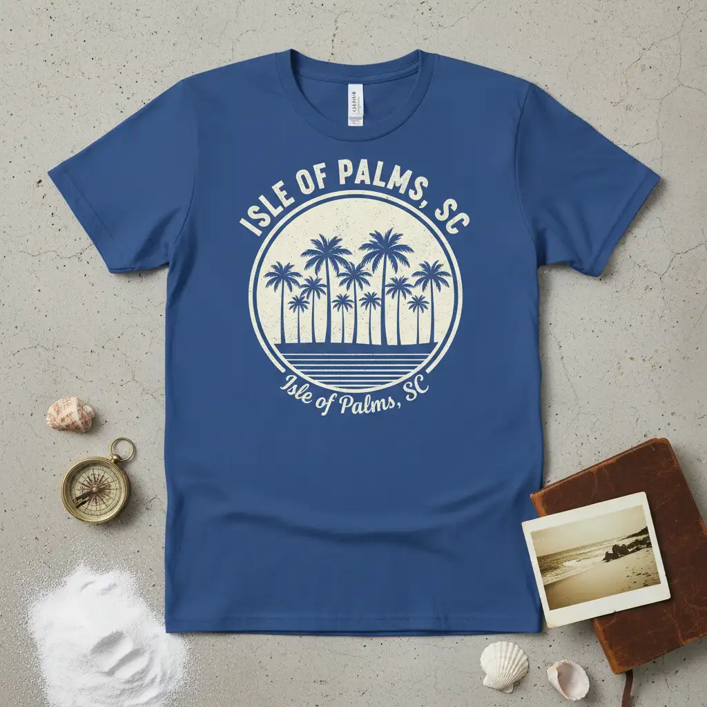 Isle of Palms SC vintage palm tree graphic on a blue t-shirt, evoking beach vacation vibes