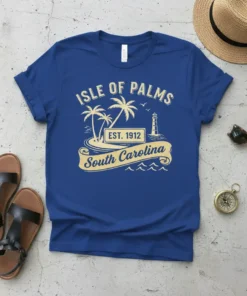 Isle of Palms South Carolina vintage t-shirt design with palm trees, lighthouse, and waves