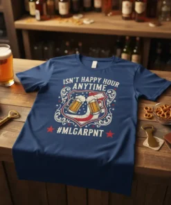 Isn't Happy Hour Anytime #MLGARPNT text with two beer mugs graphic on a blue t-shirt