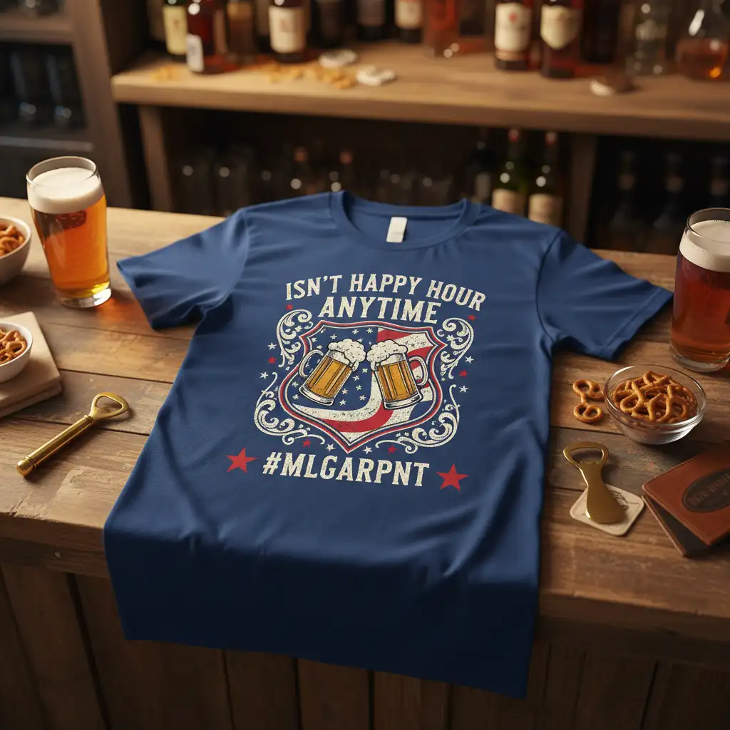 Isn't Happy Hour Anytime #MLGARPNT quote with beer mugs crest on a navy blue t-shirt design