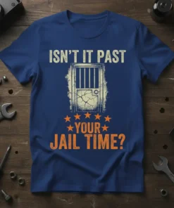 Isn't It Past Your Jail Time? humorous quote with jail door graphic on a blue t-shirt