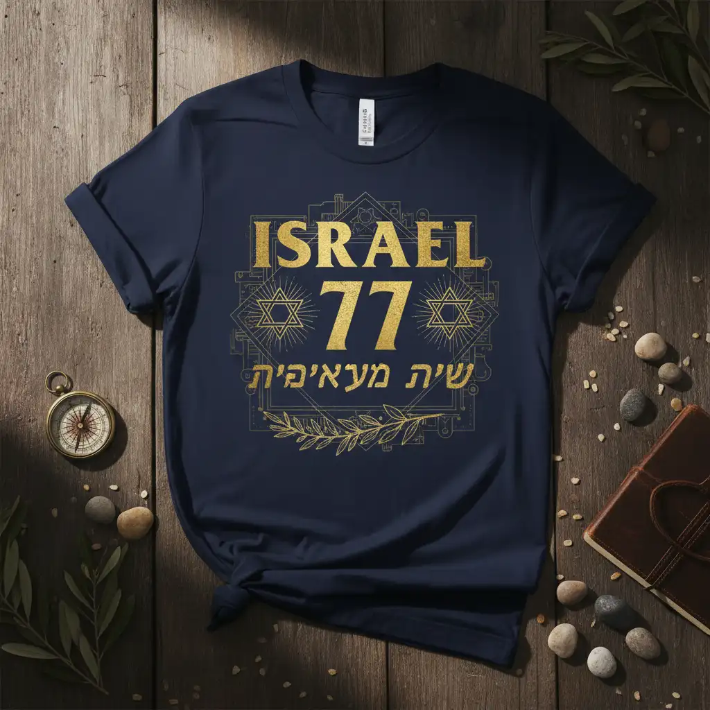 ISRAEL 77 שִׁיר מַעֲלִיּוֹת T-Shirt featuring gold Hebrew and English text, Star of David symbols, and geometric patterns