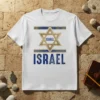 White t-shirt with "ISRAEL ISRAEL" text and a distressed gold Star of David emblem, representing Israeli pride