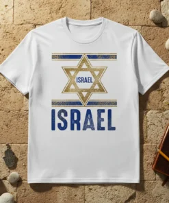 White t-shirt with "ISRAEL ISRAEL" text and a distressed gold Star of David emblem, representing Israeli pride