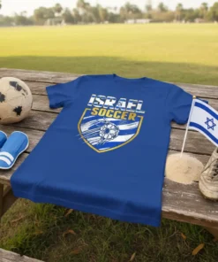 Blue t-shirt with "ISRAEL SOCCER" text in white and gold, featuring a soccer ball graphic and distressed shield design
