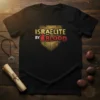 Black t-shirt with "Israelite By Blood" text in gold and red, featuring a shield graphic with a blood drop
