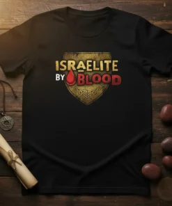 Black t-shirt with "Israelite By Blood" text in gold and red, featuring a shield graphic with a blood drop