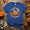 It Ain't Gonna Stuff Itself Thanksgiving turkey and pumpkin design on a blue t-shirt, featuring chef hat and fall leaves