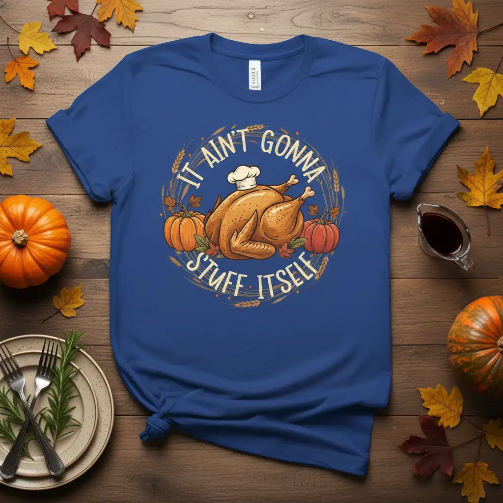 It Ain't Gonna Stuff Itself Thanksgiving turkey graphic with pumpkins and fall leaves on a blue t-shirt design