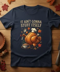 Thanksgiving t-shirt with "It Ain't Gonna Stuff Itself" text and a cartoon chef turkey holding a spoon