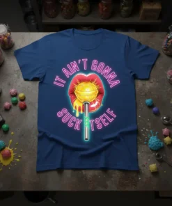 It Ain't Gonna Suck Itself text with red lips and yellow lollipop graphic on a navy blue t-shirt