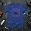 It Ain't Gonna Swing Itself quote on a blue t-shirt with a neon kettlebell graphic for gym motivation