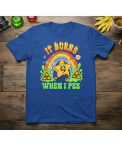 Retro cartoon star character with biohazard symbols and rainbow, text reads "It Burns When I Pee" on a blue t-shirt