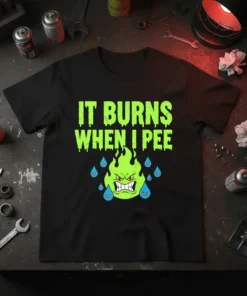 Black t-shirt with neon green dripping text "IT BURNS WHEN I PEE" and a green angry flame character with blue