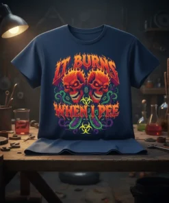 It Burns When I Pee t-shirt with flaming skulls and biohazard symbols, dark humor graphic design