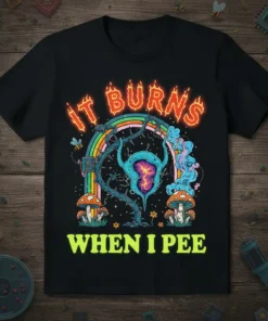 It Burns When I Pee funny quote t-shirt with psychedelic mushrooms and a rainbow graphic