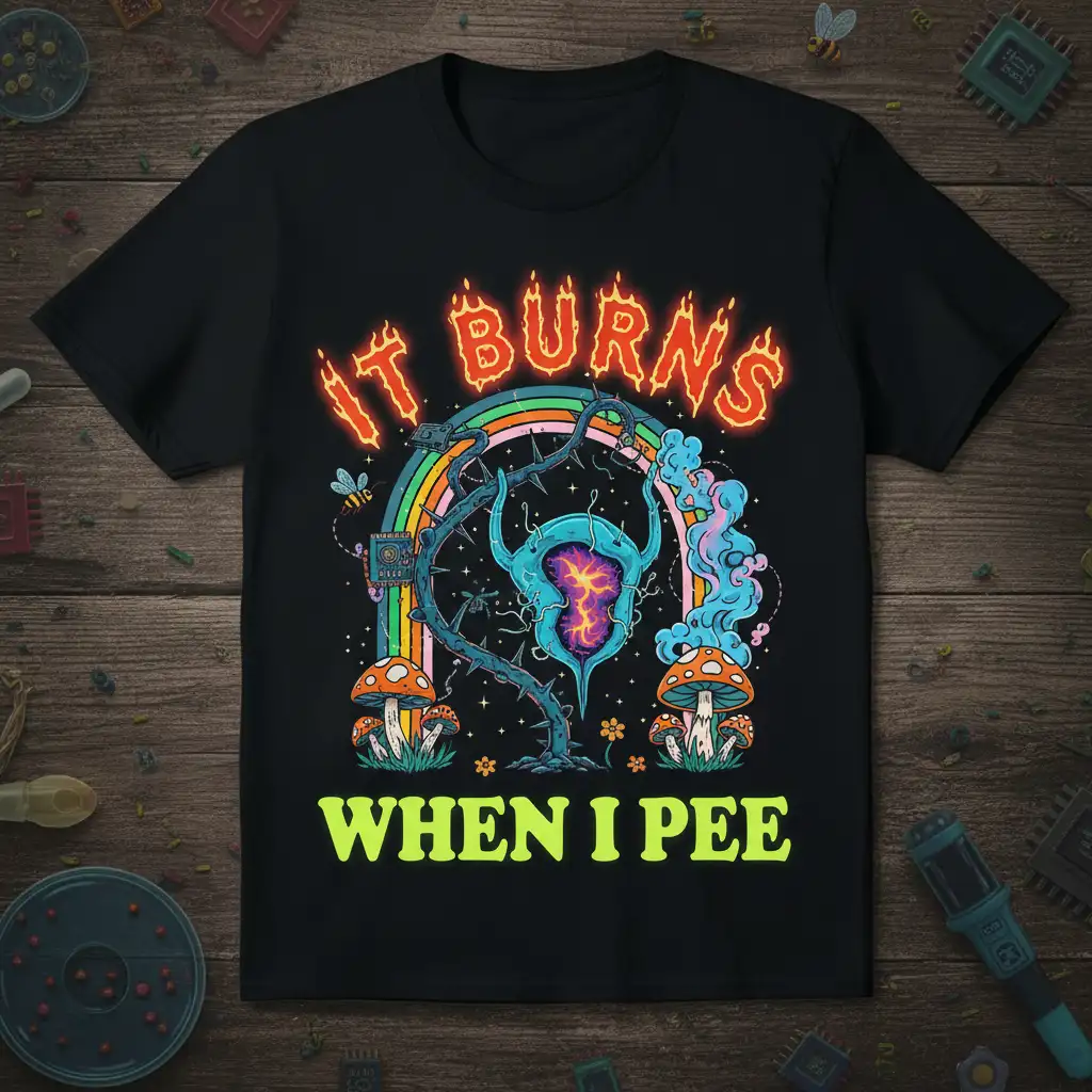 It Burns When I Pee quote t-shirt with psychedelic art, mushrooms, and a rainbow design