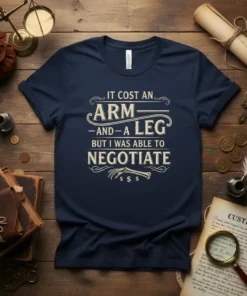 Navy t-shirt with "IT COST AN ARM - AND-A LEG BUT I WAS ABLE TO NEGOTIATE" in vintage font, with