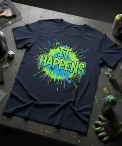 Navy blue t-shirt with "IT HAPPENS" in bold green and blue lettering surrounded by colorful paint splatters